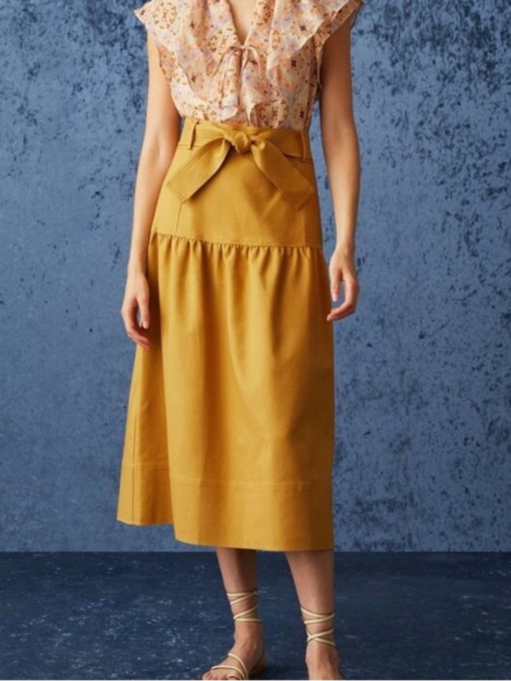 Marie Oliver Mustard Tie-Waist Midi Skirt with Bow